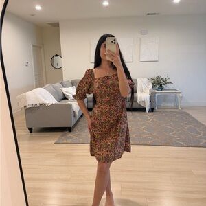 Doen Floral Puff-Sleeve Square-Neck Mini Dress in Red and Green